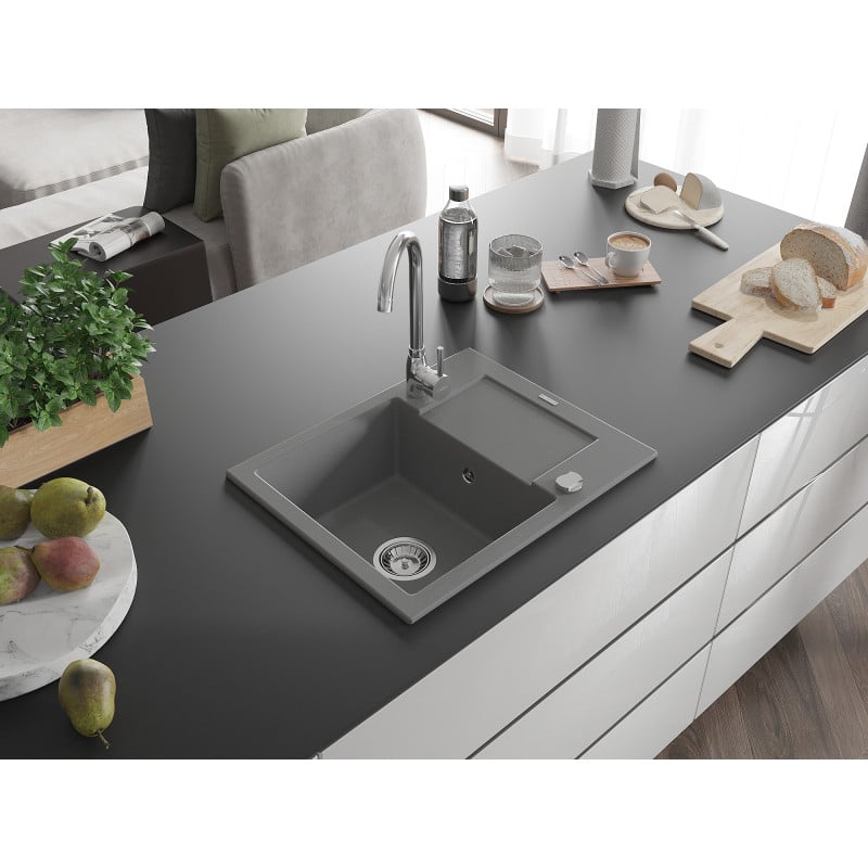 Mexen Enzo granite sink 1-bowl with drainer 576 x 465 mm, grey, chrome siphon - 6506571005-71