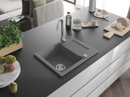 Mexen Enzo 1-bowl granite sink with drainer 576 x 465 mm, gray, chrome siphon - 6506571005-71