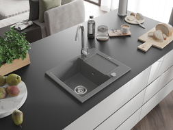 Mexen Enzo Granitspüle 1-Becken mit Abtropffläche 576 x 465 mm, grau, Siphon Chrom - 6506571005-71