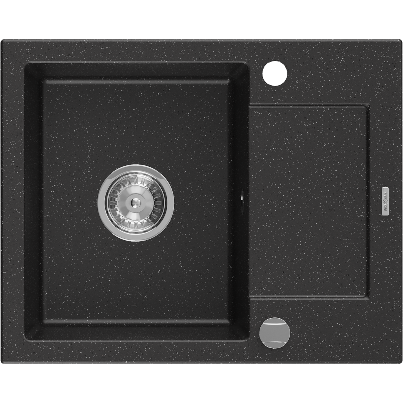 Mexen Enzo fregadero de granito de 1 cubeta con escurridor 576 x 465 mm, negro/plateado metálico, sifón cromo - 6506571005-73