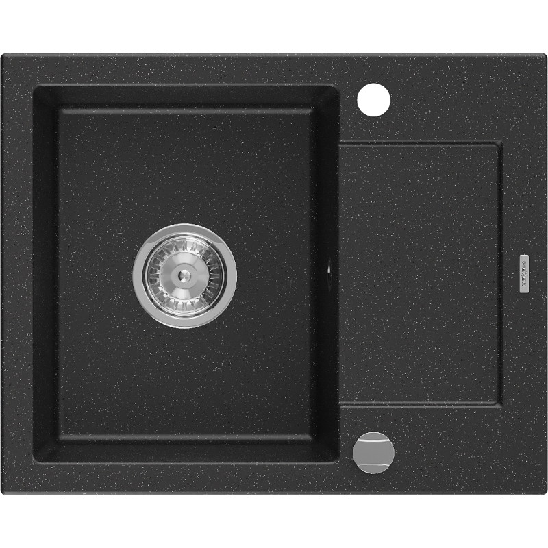 Mexen Enzo granite sink 1-bowl with drainer 576 x 465 mm, black/silver metallic, chrome siphon - 6506571005-73
