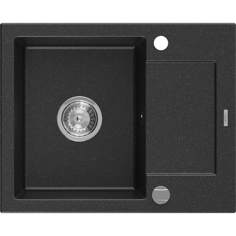 Mexen Enzo Granitspüle 1-becken mit Abtropffläche 576 x 465 mm, schwarz/silber-metallic, Siphon chrom - 6506571005-73