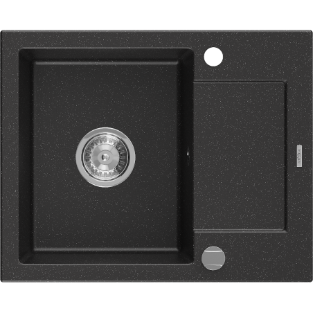 Mexen Enzo granite sink single-bowl with drainer 576 x 465 mm, black/silver metallic, chrome siphon - 6506571005-73