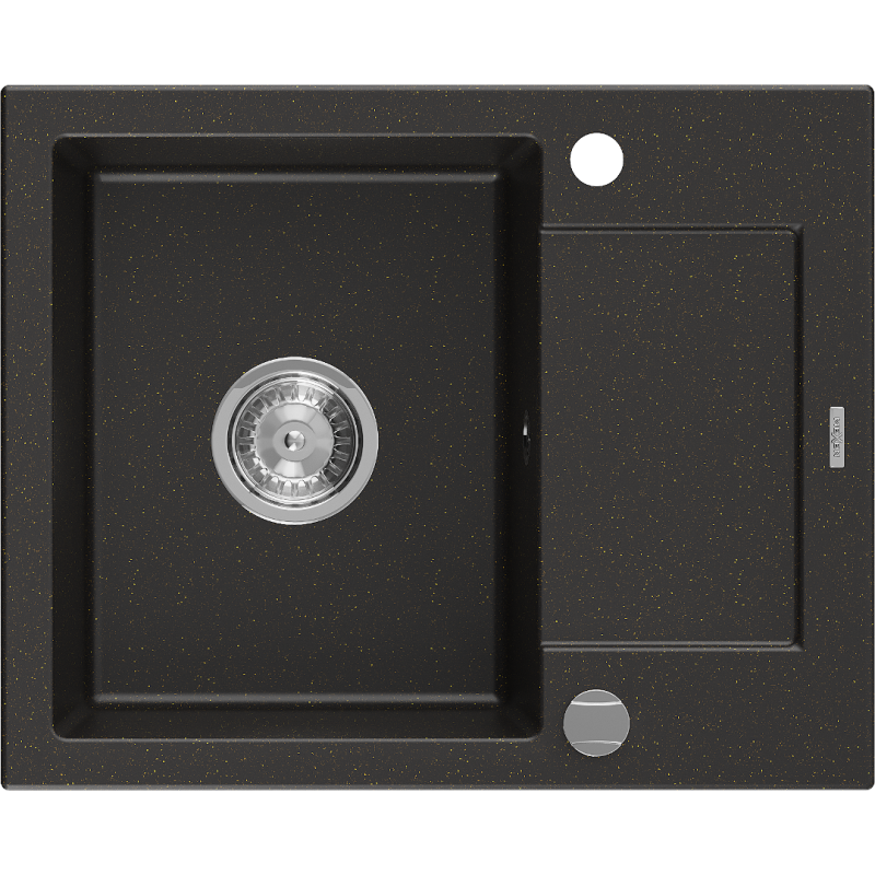 Mexen Enzo fregadero de granito de 1 seno con escurridor 576 x 465 mm, negro/dorado metálico, sifón cromo - 6506571005-75