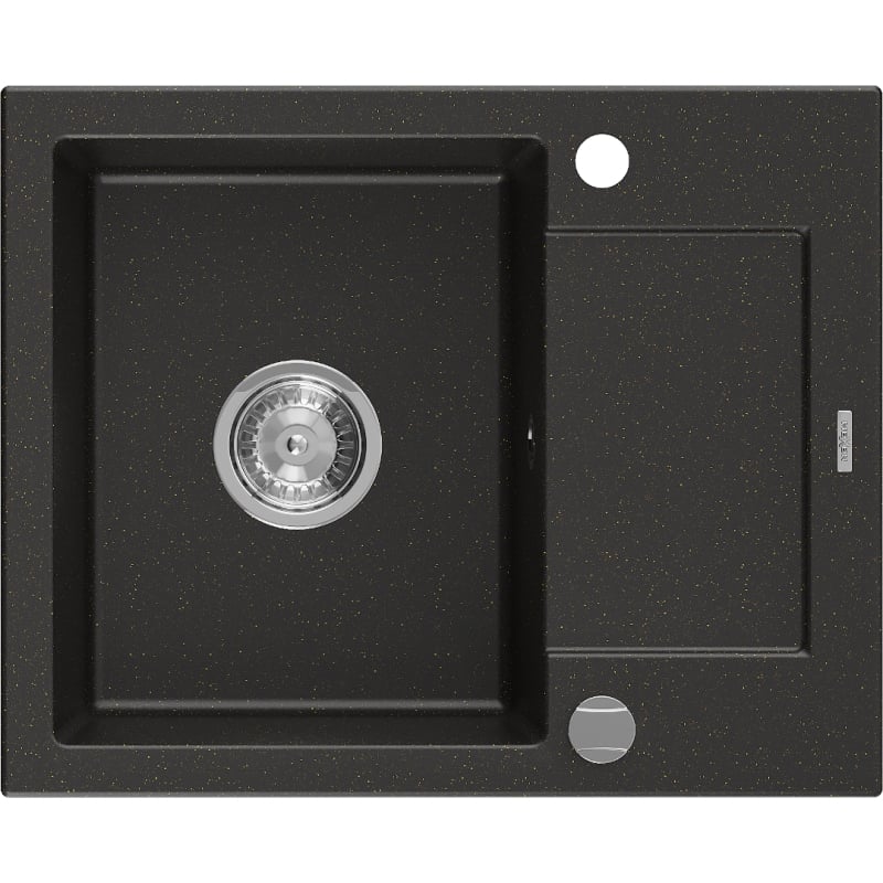Mexen Enzo single-bowl granite sink with drainer 576 x 465 mm, black/gold metallic, chrome siphon - 6506571005-75