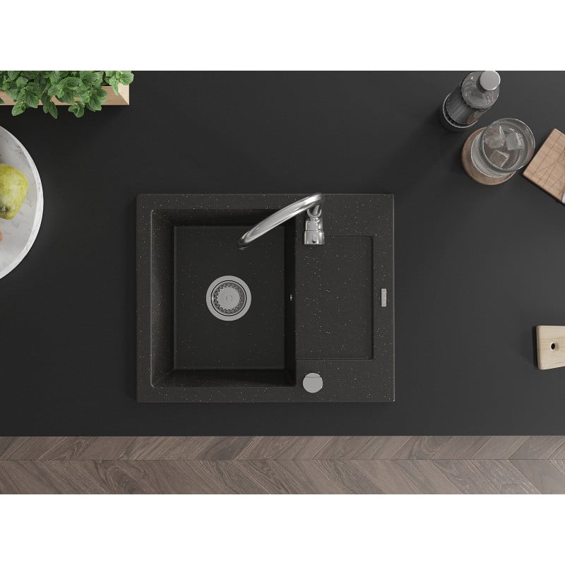 Mexen Enzo fregadero de granito de 1 seno con escurridor 576 x 465 mm, negro/dorado metálico, sifón cromo - 6506571005-75