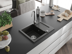 Mexen Enzo single-bowl granite sink with drainer 576 x 465 mm, black/gold metallic, chrome siphon - 6506571005-75