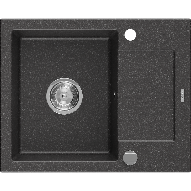 Mexen Enzo évier en granit 1 bac avec égouttoir 576 x 465 mm, noir moucheté, siphon chromé - 6506571005-76