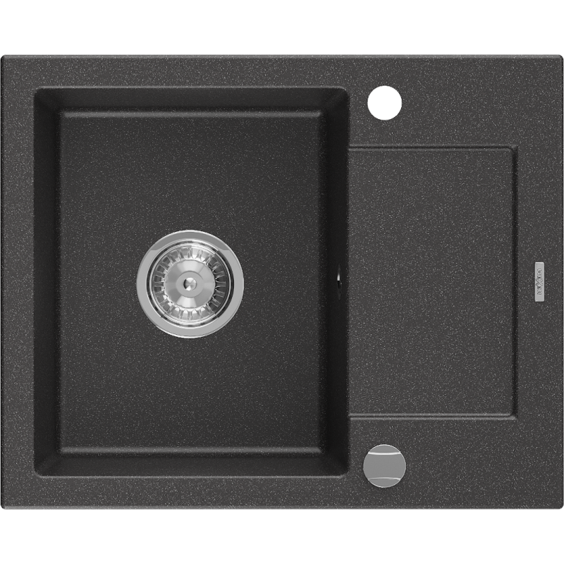 Mexen Enzo Granitspüle 1-Becken mit Abtropffläche 576 x 465 mm, schwarz gesprenkelt, Siphon Chrom - 6506571005-76