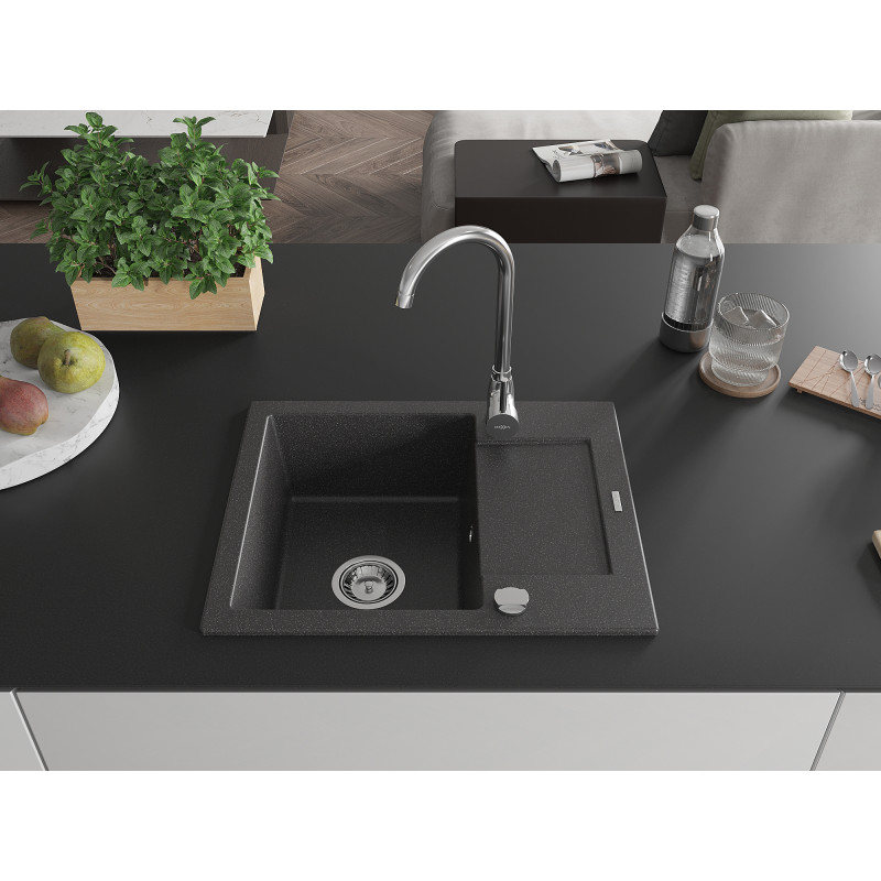 Mexen Enzo évier en granit à 1 bac avec égouttoir 576 x 465 mm, noir moucheté, siphon chromé - 6506571005-76
