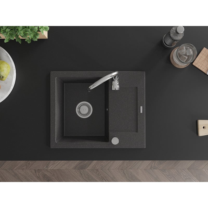 Mexen Enzo fregadero de granito de 1 cubeta con escurridor 576 x 465 mm, negro moteado, sifón cromado - 6506571005-76