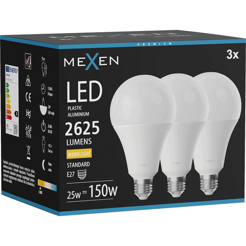 Mexen Nova 3x Bombilla LED E27, A95, 25W, Cálida - 3000K, 2625 lm - L100-E27-2530-01x03