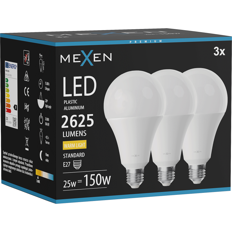 Mexen Nova 3x żarówka LED E27, A95, 25W, Ciepła - 3000K, 2625 lm - L100-E27-2530-01x03