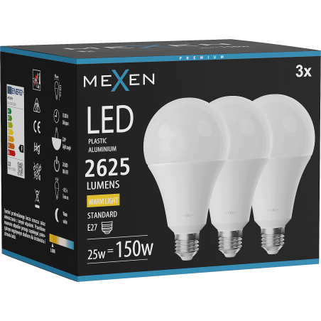 Mexen Nova 3x LED-lamp E27, A95, 25W, Soe - 3000K, 2625 lm - L100-E27-2530-01x03