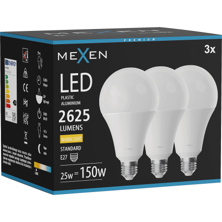Mexen Nova 3x LED žarnica E27, A95, 25W, Topla - 3000K, 2625 lm - L100-E27-2530-01x03