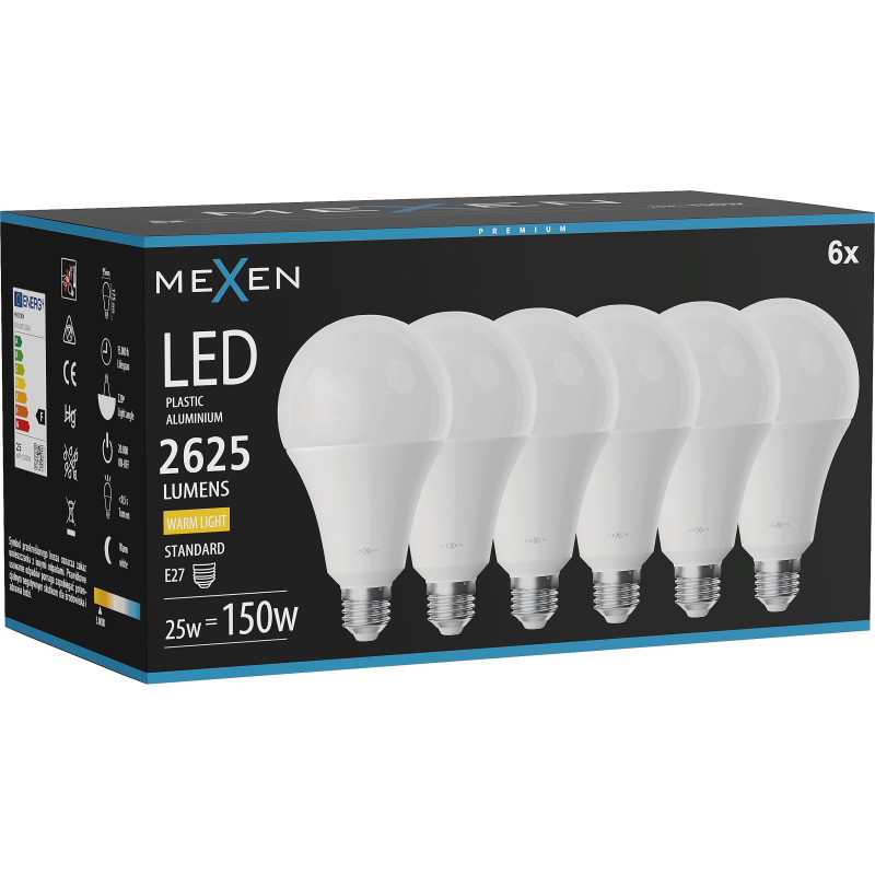 Mexen Nova 6x Bombilla LED E27, A95, 25W, Cálida - 3000K, 2625 lm - L100-E27-2530-01x06