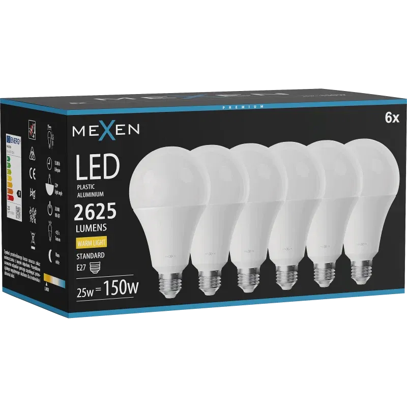 Mexen Nova 6x LED-lamp E27, A95, 25W, Warm - 3000K, 2625 lm - L100-E27-2530-01x06