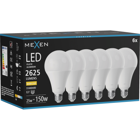 Mexen Nova 6x Bombilla LED E27, A95, 25W, Cálida - 3000K, 2625 lm - L100-E27-2530-01x06