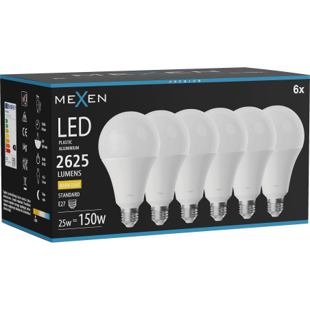 Mexen Nova 6x LED-lamp E27, A95, 25W, Soe - 3000K, 2625 lm - L100-E27-2530-01x06