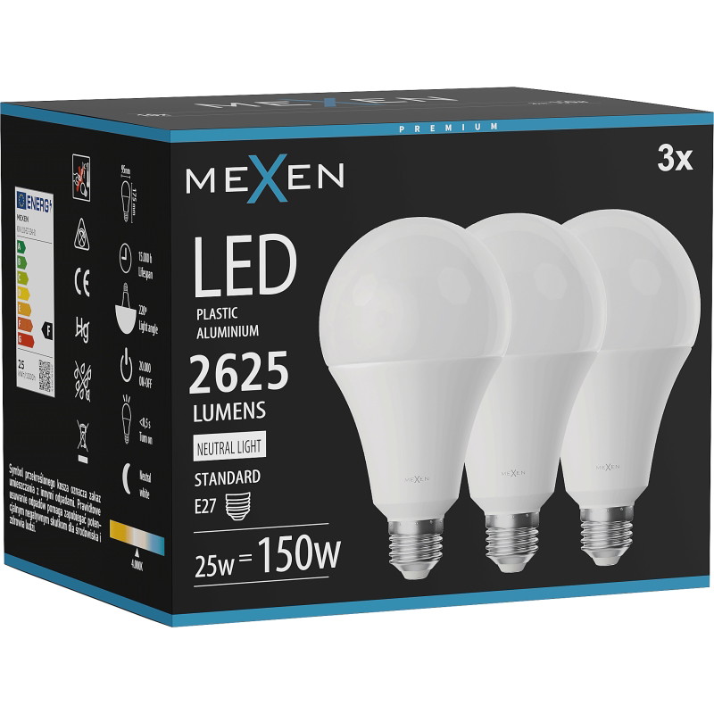Mexen Nova 3x LED-lampa E27, A95, 25W, Neutral - 4000K, 2625 lm - L100-E27-2540-01x03