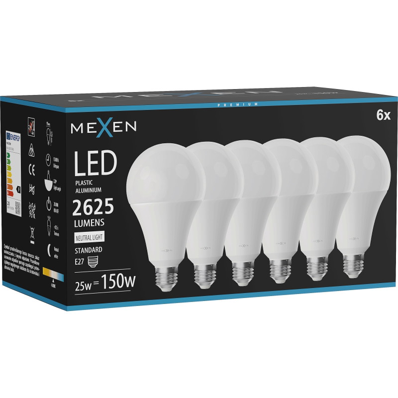 Mexen Nova 6x Bombilla LED E27, A95, 25W, Neutra - 4000K, 2625 lm - L100-E27-2540-01x06