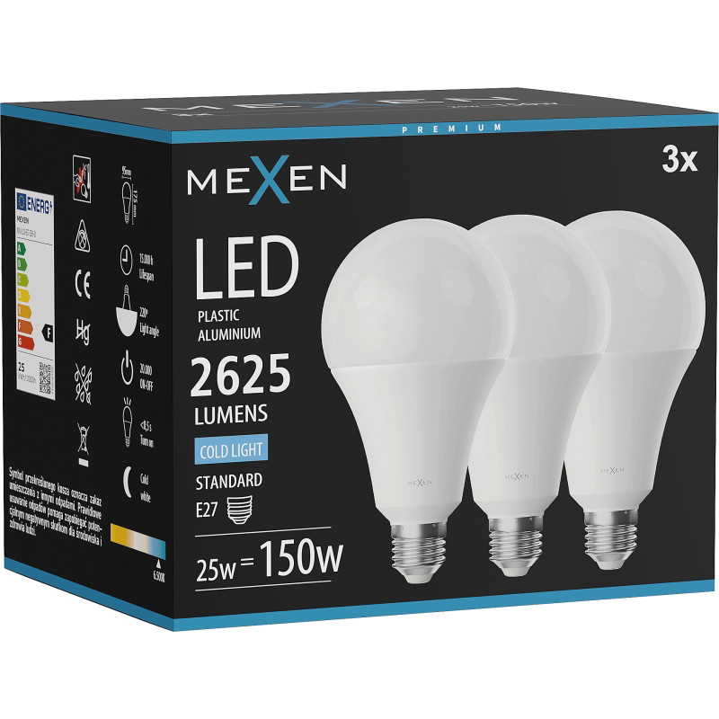 Mexen Nova 3x LED-lampa E27, A95, 25W, Kall - 6500K, 2625 lm - L100-E27-2565-01x03