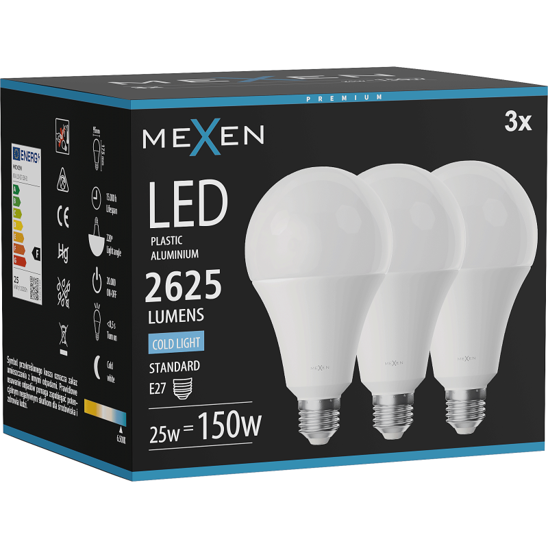 Mexen Nova 3x LED Luucht E27, A95, 25W, Kal - 6500K, 2625 lm - L100-E27-2565-01x03