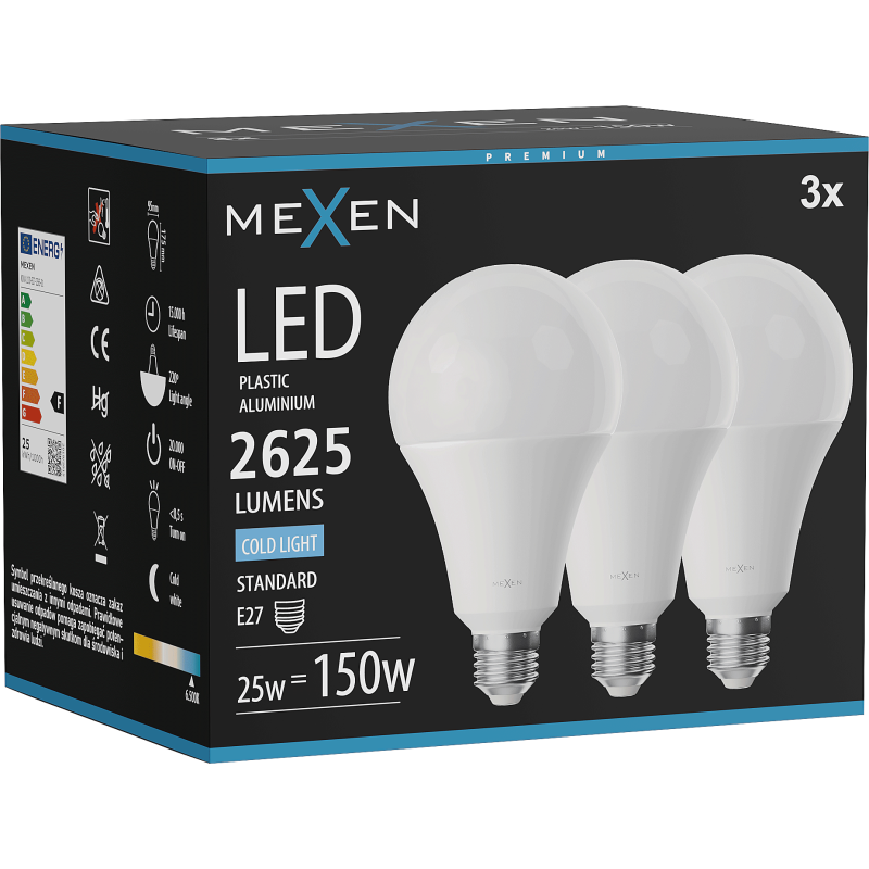 Mexen Nova 3x żarówka LED E27, A95, 25W, Zimna - 6500K, 2625 lm - L100-E27-2565-01x03