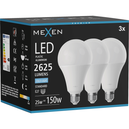 Mexen Nova 3x LED-lampa E27, A95, 25W, Kall - 6500K, 2625 lm - L100-E27-2565-01x03