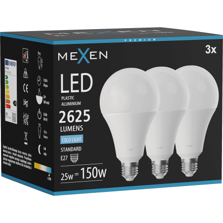 Mexen Nova 3x LED žarnica E27, A95, 25W, Hladna - 6500K, 2625 lm - L100-E27-2565-01x03