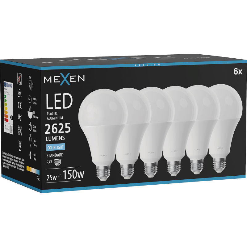 Mexen Nova 6x Lampadina LED E27, A95, 25W, Fredda - 6500K, 2625 lm - L100-E27-2565-01x06