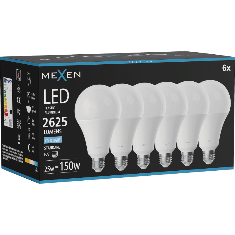 Mexen Nova 6x LED Bulb E27, A95, 25W, Cool - 6500K, 2625 lm - L100-E27-2565-01x06