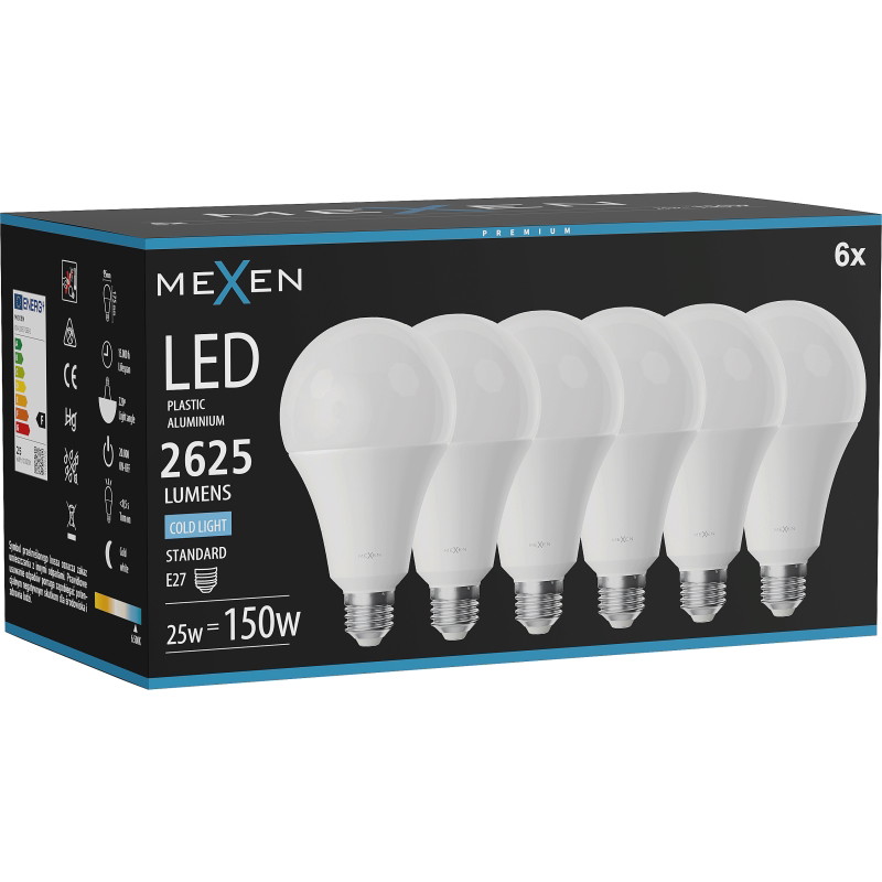 Mexen Nova 6x LED-lampa E27, A95, 25W, Kall - 6500K, 2625 lm - L100-E27-2565-01x06