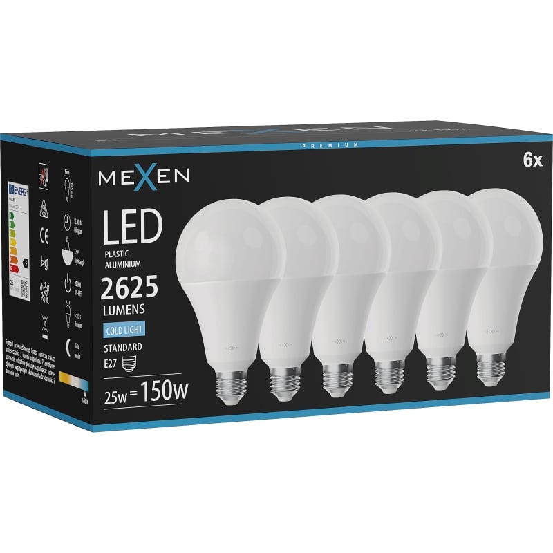 Mexen Nova 6x LED-pirn E27, A95, 25W, Külm - 6500K, 2625 lm - L100-E27-2565-01x06