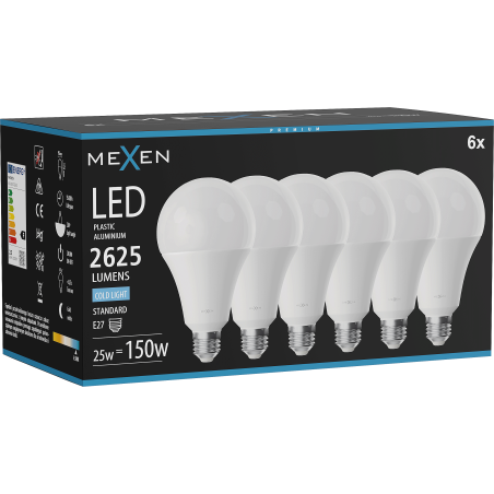Mexen Nova 6x Bombilla LED E27, A95, 25W, Fría - 6500K, 2625 lm - L100-E27-2565-01x06