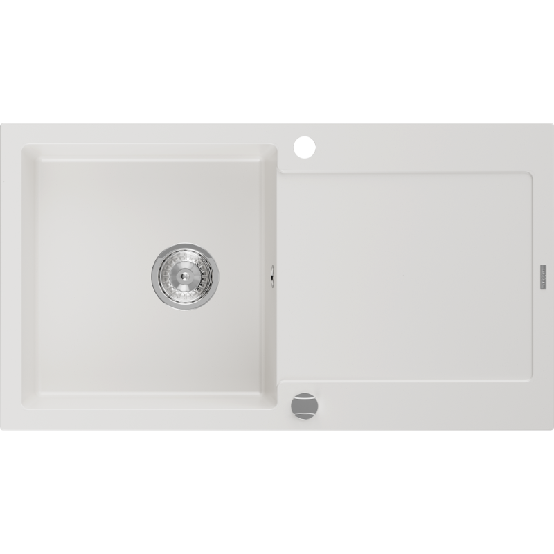 Mexen Leo fregadero de granito de 1 cubeta con escurridor 900 x 500 mm, blanco, sifón cromado - 6501901010-20