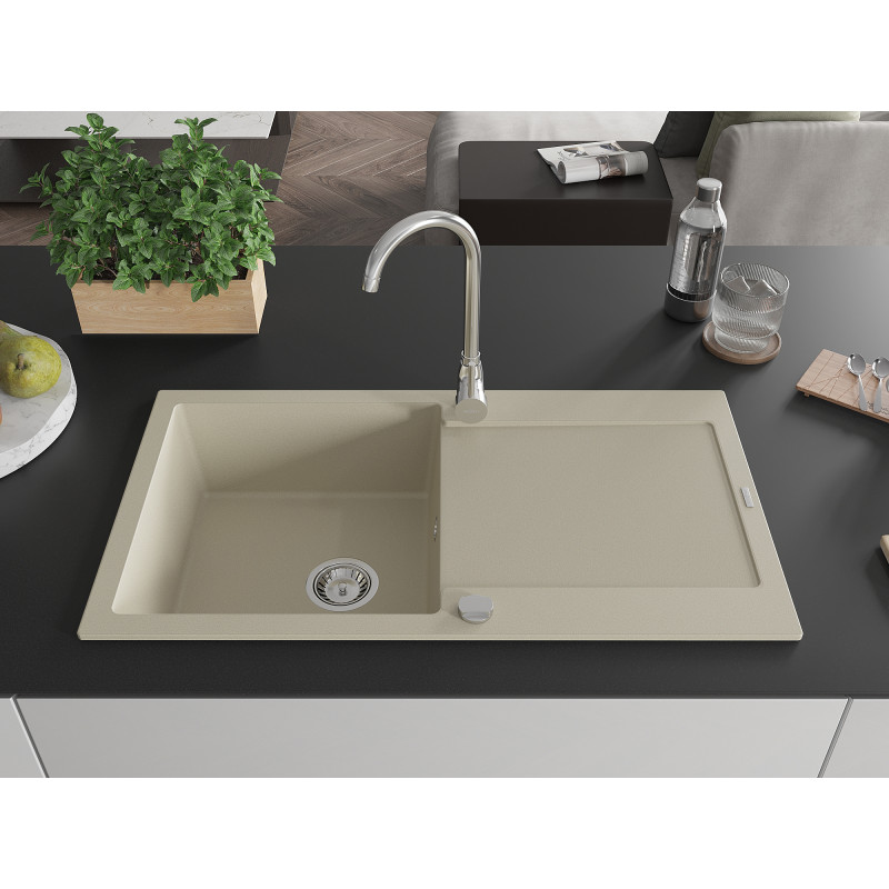 Mexen Leo fregadero de granito de 1 cubeta con escurridor 900 x 500 mm, beige, sifón cromado - 6501901010-69