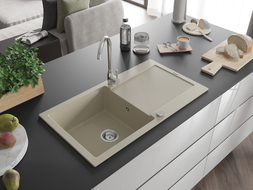 Mexen Leo single-bowl granite sink with drainer 900 x 500 mm, beige, chrome siphon - 6501901010-69