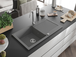 Mexen Leo granieten aanrecht met 1 kom en afdruiprek 900 x 500 mm, grijs, chromen sifon - 6501901010-71