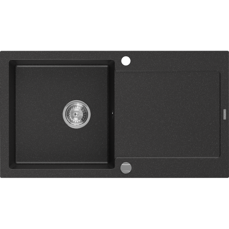 Mexen Leo fregadero de granito de 1 cubeta con escurridor 900 x 500 mm, negro/plateado metálico, sifón cromo - 6501901010-73