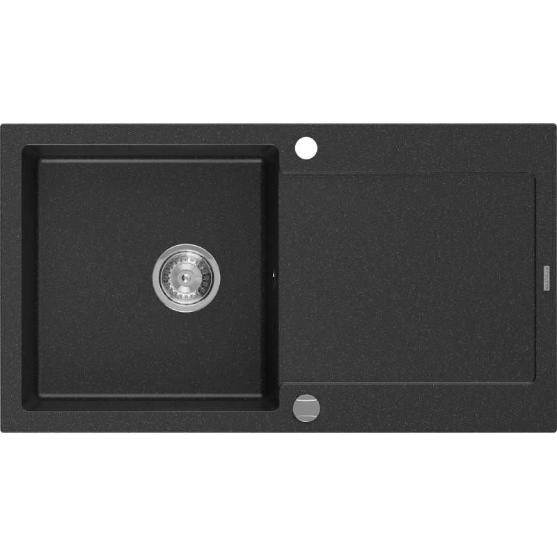 Mexen Leo granieten spoelbak 1-kompartement met afdruiprek 900 x 500 mm, zwart/zilvere metallic, chromen sifon - 6501901010-73