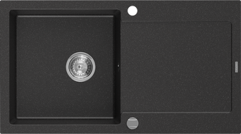 Mexen Leo fregadero de granito de 1 cubeta con escurridor 900 x 500 mm, negro/plateado metálico, sifón cromo - 6501901010-73