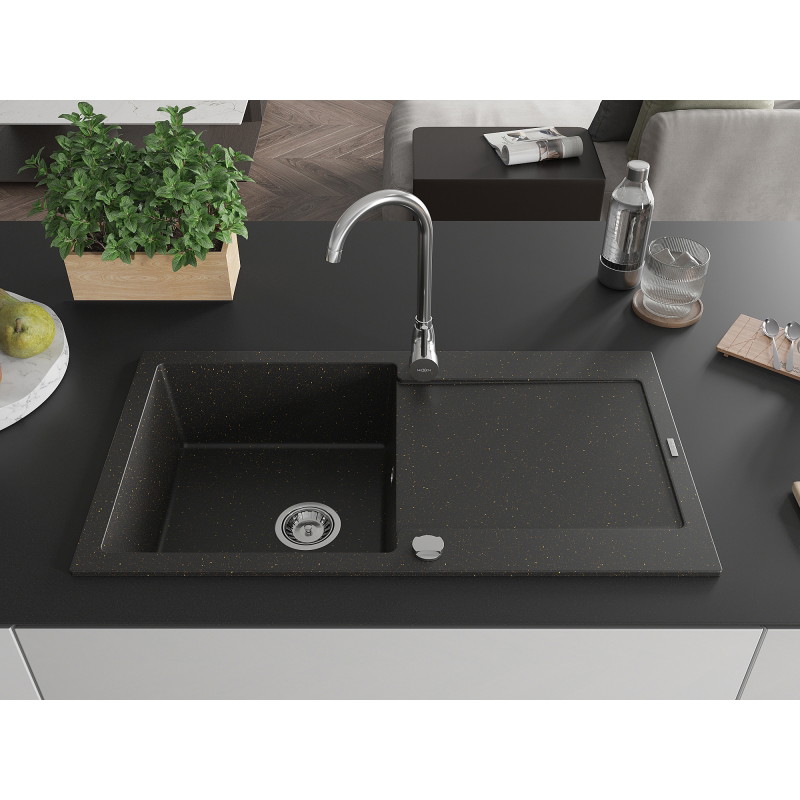 Mexen Leo graniitvalamu ühekambriline nõrgumisalusega 900 x 500 mm, must/kuldne metallik, kroom sifoon - 6501901010-75
