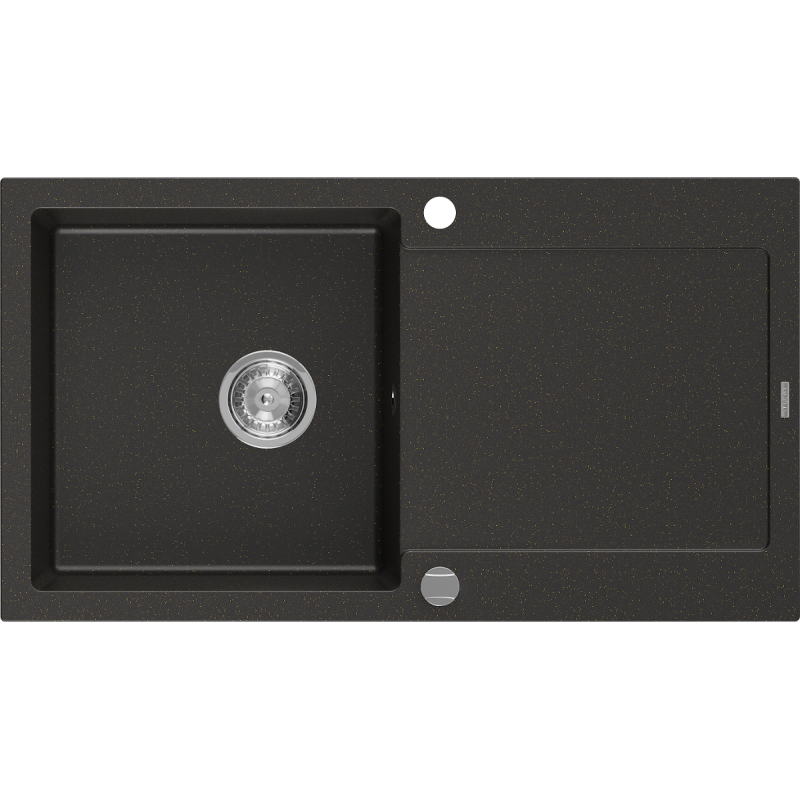 Mexen Leo lavello in granito a 1 vasca con sgocciolatoio 900 x 500 mm, nero/oro metallizzato, sifone cromato - 6501901010-75