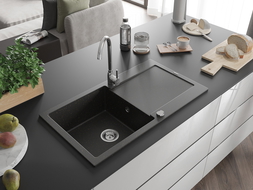 Mexen Leo évier en granit 1 bac avec égouttoir 900 x 500 mm, noir/or métallisé, siphon chromé - 6501901010-75