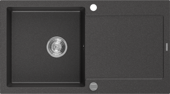 Mexen Leo Granit Spullsteen mat enger Schossel an engem Drëpsberäich 900 x 500 mm, schwaarz gesprenkelt, Chrom Syphon