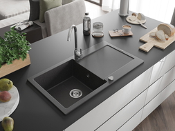 Mexen Leo évier en granit 1 bac avec égouttoir 900 x 500 mm, noir moucheté, siphon chromé - 6501901010-76