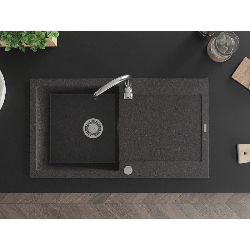 Mexen Leo évier en granit 1 bac avec égouttoir 900 x 500 mm, noir moucheté, siphon chromé - 6501901010-76