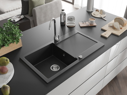 Mexen Leo granieten spoelbak 1-kuips met afdruiprek 900 x 500 mm, zwart, chroom sifon - 6501901010-77
