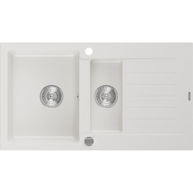Mexen Matias graniittinen 1,5-osainen keittiöallas valutustasolla 900 x 505 mm, valkoinen, krominen pohjaventtiili